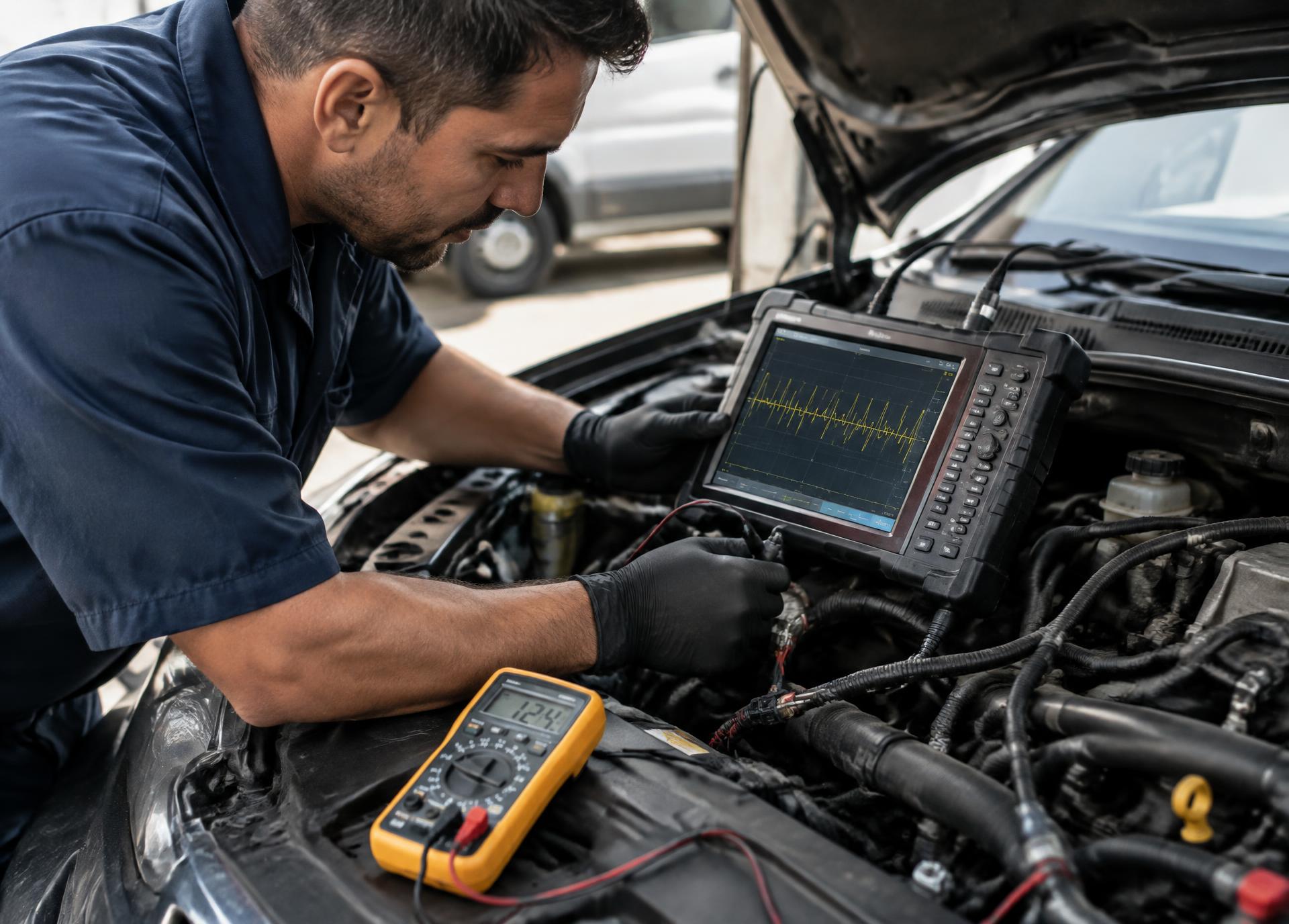Mobile mechanic running electrical diagnostics under the hood